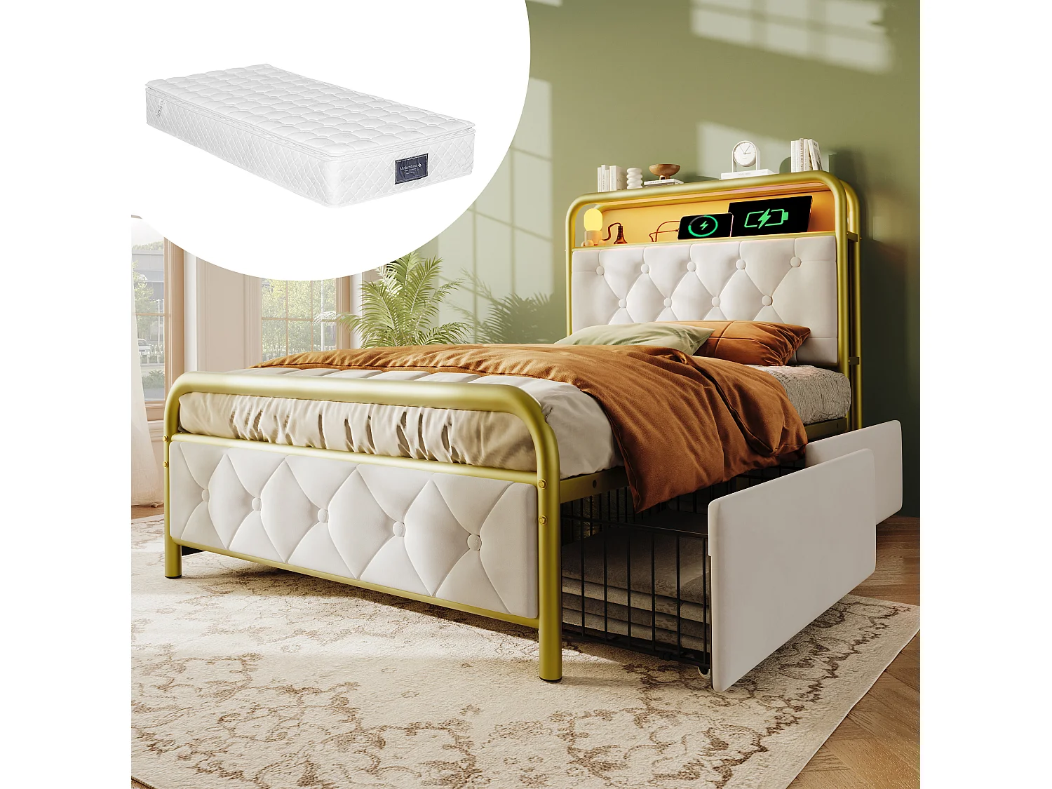 Gepolsterd Bed Eenpersoons Met USB Type C, Fonction Van Charge, App-control, LED, Metaal 90x200, 2 Lades, Velours (met Matras)