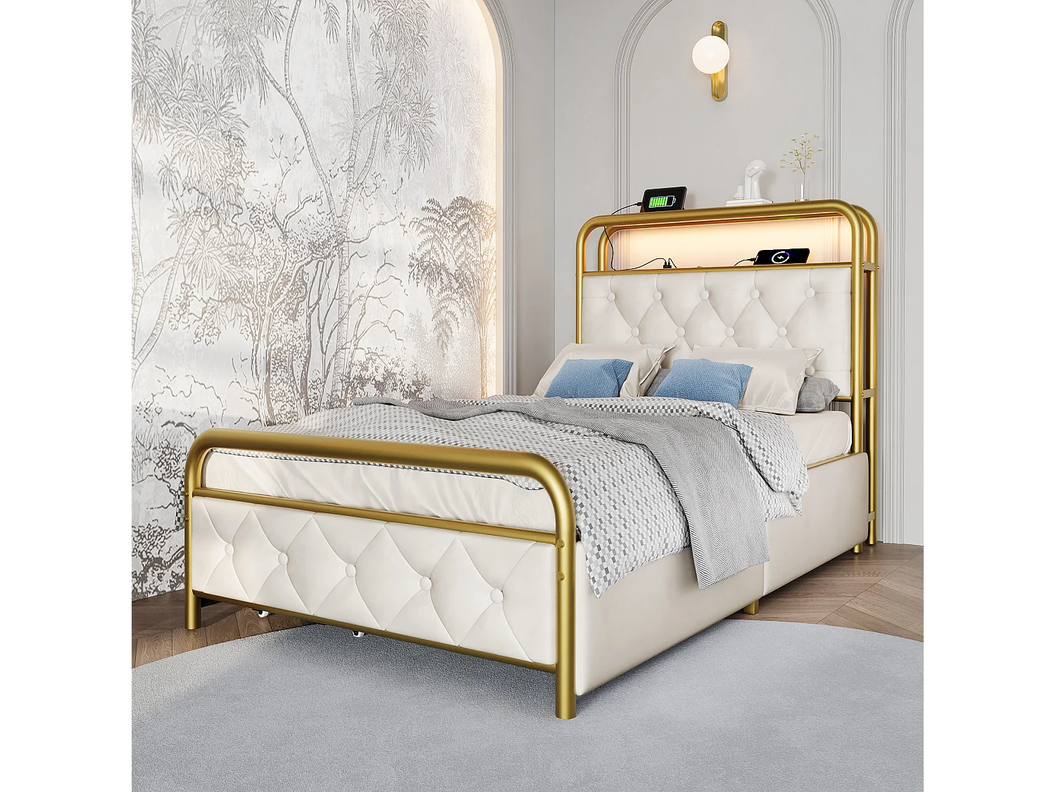 Gepolsterd Bed Eenpersoons Met USB Type C, Fonction Van Charge, App-control, LED, Metaal 90x200, 2 Lades, Velours (met Matras)