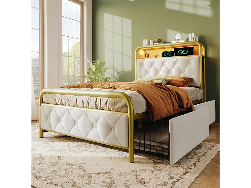 Gepolsterd Bed Eenpersoons Met USB Type C, Fonction Van Charge, App-control, LED, Metaal 90x200, 2 Lades, Velours (met Matras)