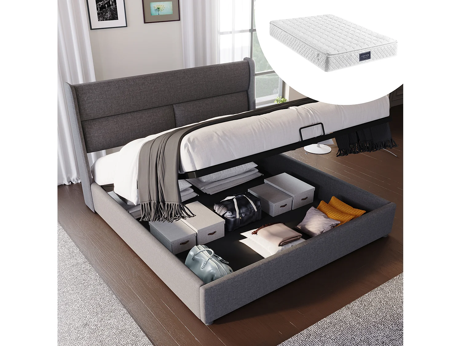 Gepolsterd Bed Double Met Rangement 140x200 Cm, Tête Van Lit Réglable, Cadre en Lin Met Sommier en Matelas