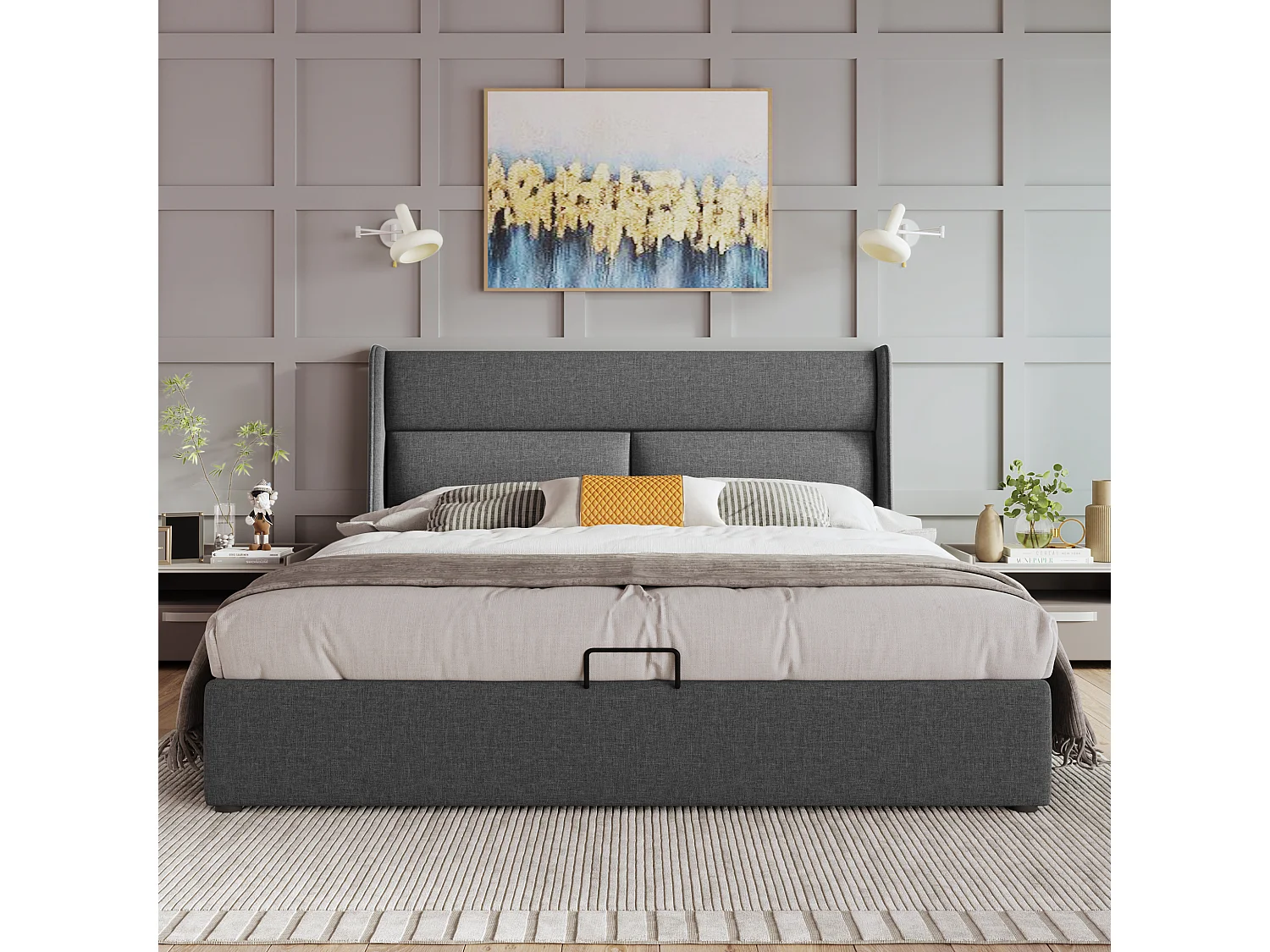 Gepolsterd Bed Double Met Rangement 140x200 Cm, Tête Van Lit Réglable, Cadre en Lin Met Sommier en Matelas