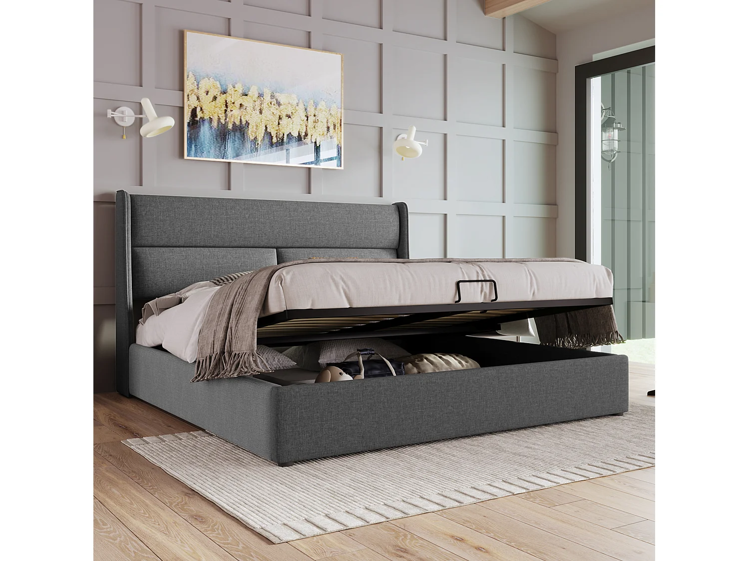 Gepolsterd Bed Double Met Rangement 140x200 Cm, Tête Van Lit Réglable, Cadre en Lin Met Sommier en Matelas