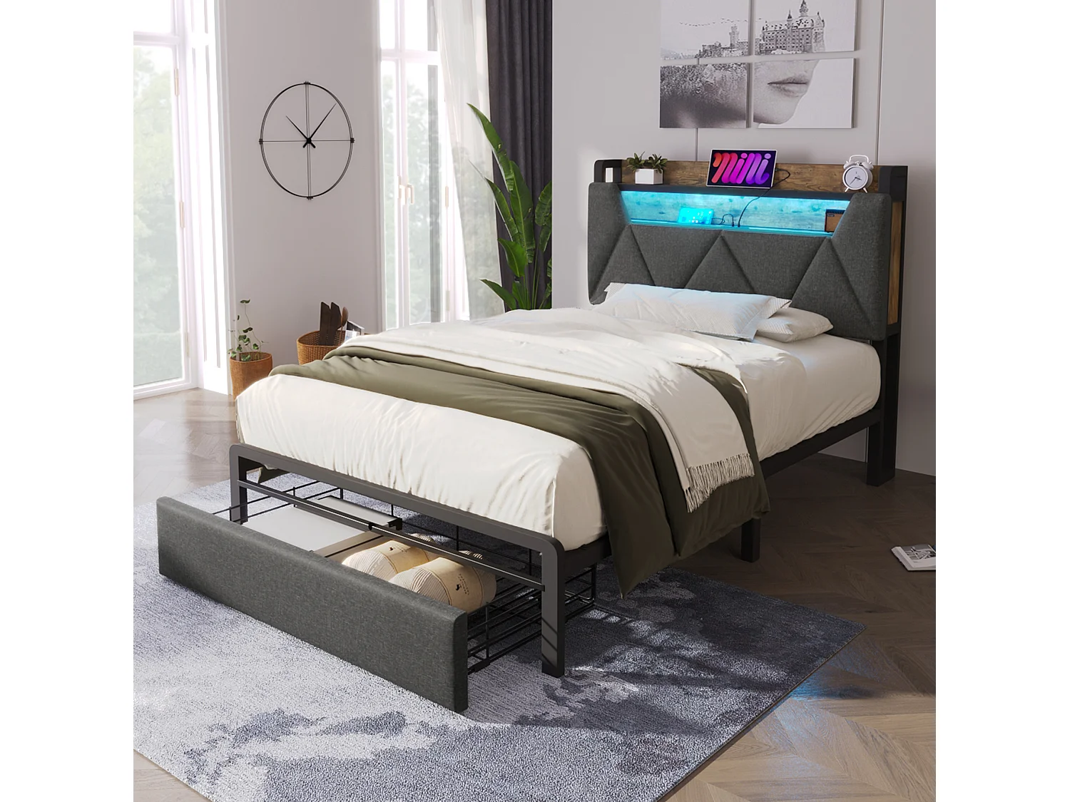 Lit rembourré simple USB Type C avec tête de rangement, LED et tiroirs, 90×200, métal gris (avec matelas)