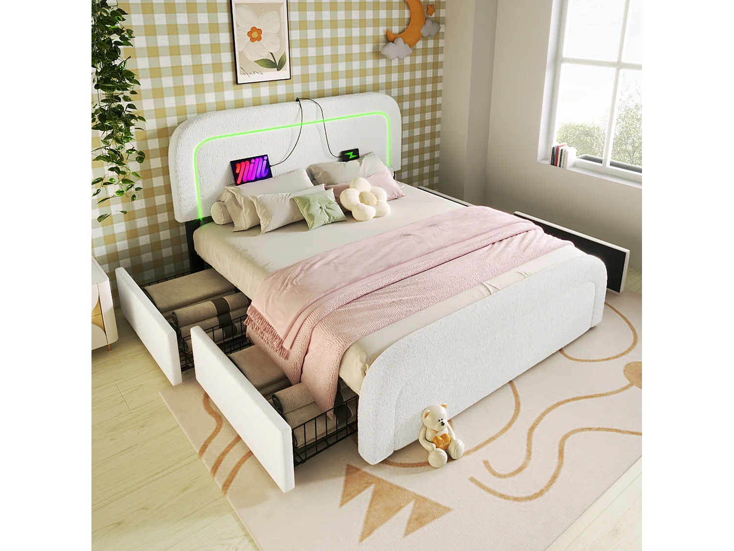 Gepolsterd Bed Tweepersoons USB Type C Met LED En 4 Lades, Tête Réglable, 160x200, Hout, Sherpa Wit (met Matras)