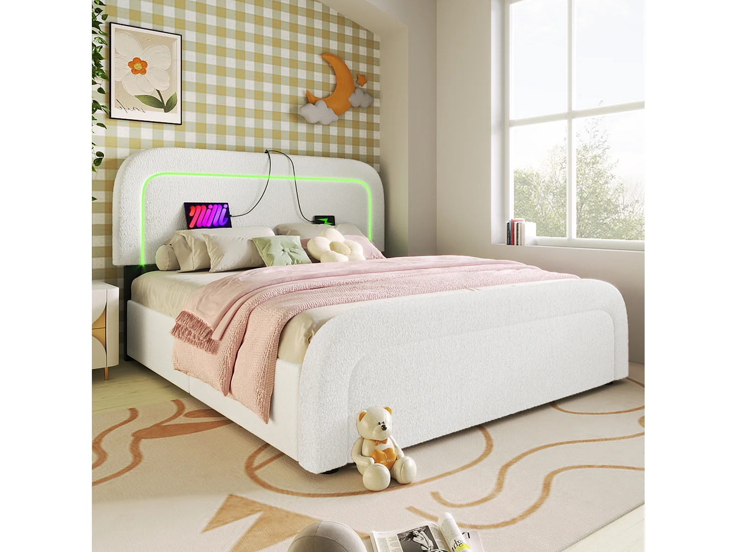 Gepolsterd Bed Tweepersoons USB Type C Met LED En 4 Lades, Tête Réglable, 160x200, Hout, Sherpa Wit (met Matras)