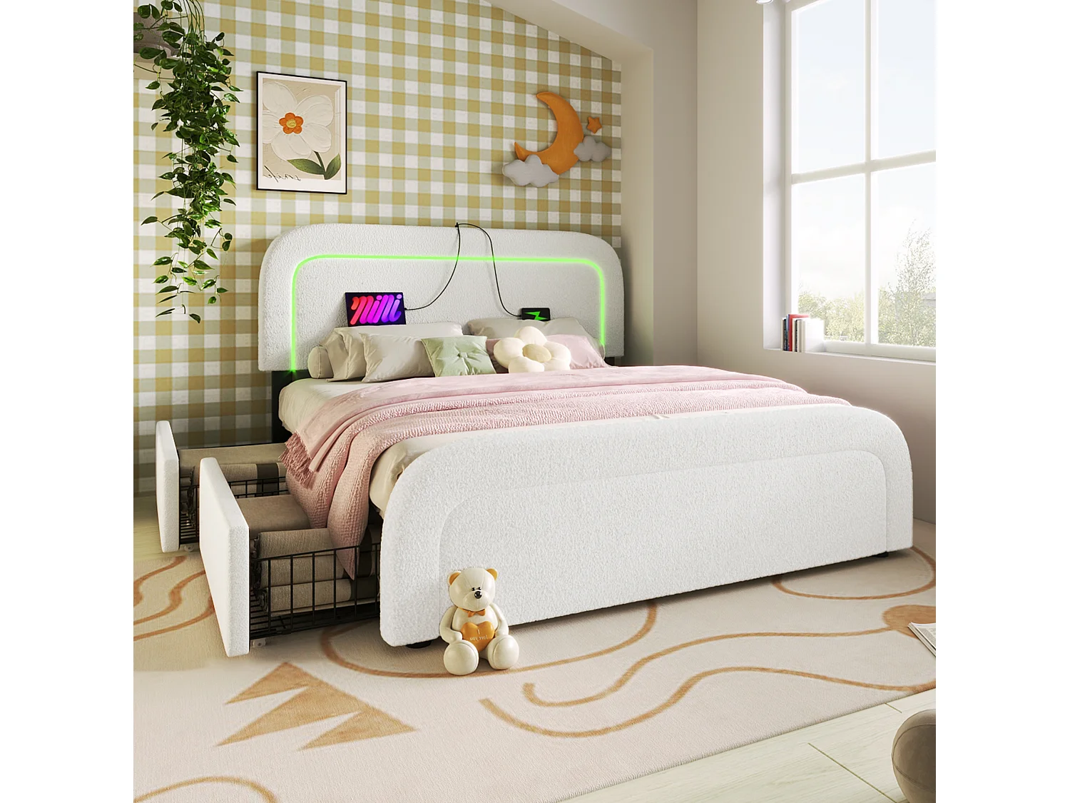 Gepolsterd Bed Tweepersoons USB Type C Met LED En 4 Lades, Tête Réglable, 160x200, Hout, Sherpa Wit (met Matras)