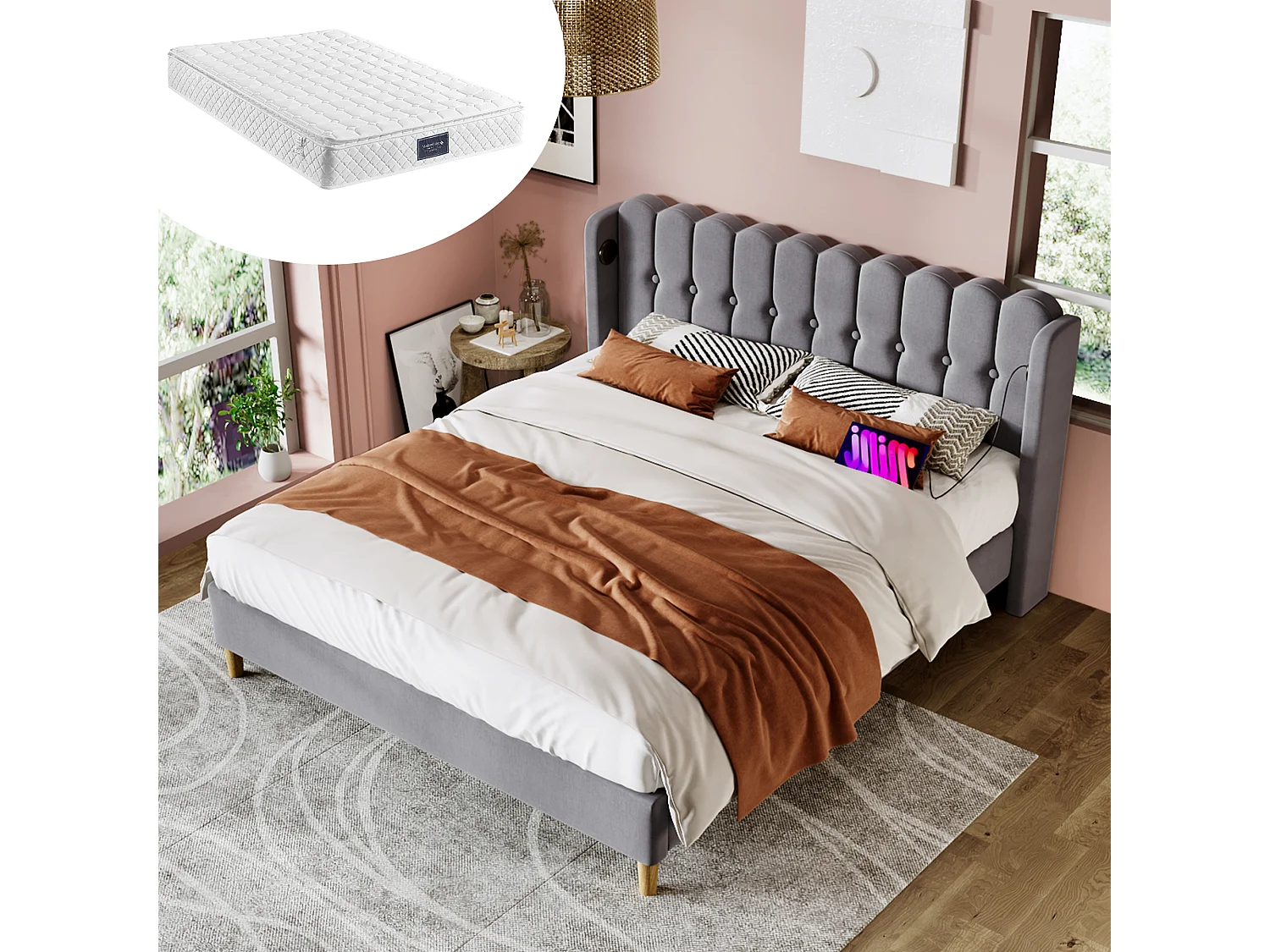 Lit rembourré double USB Type C avec sommier, 140×200, lin gris, cadre pour chambre ou invités (avec matelas)