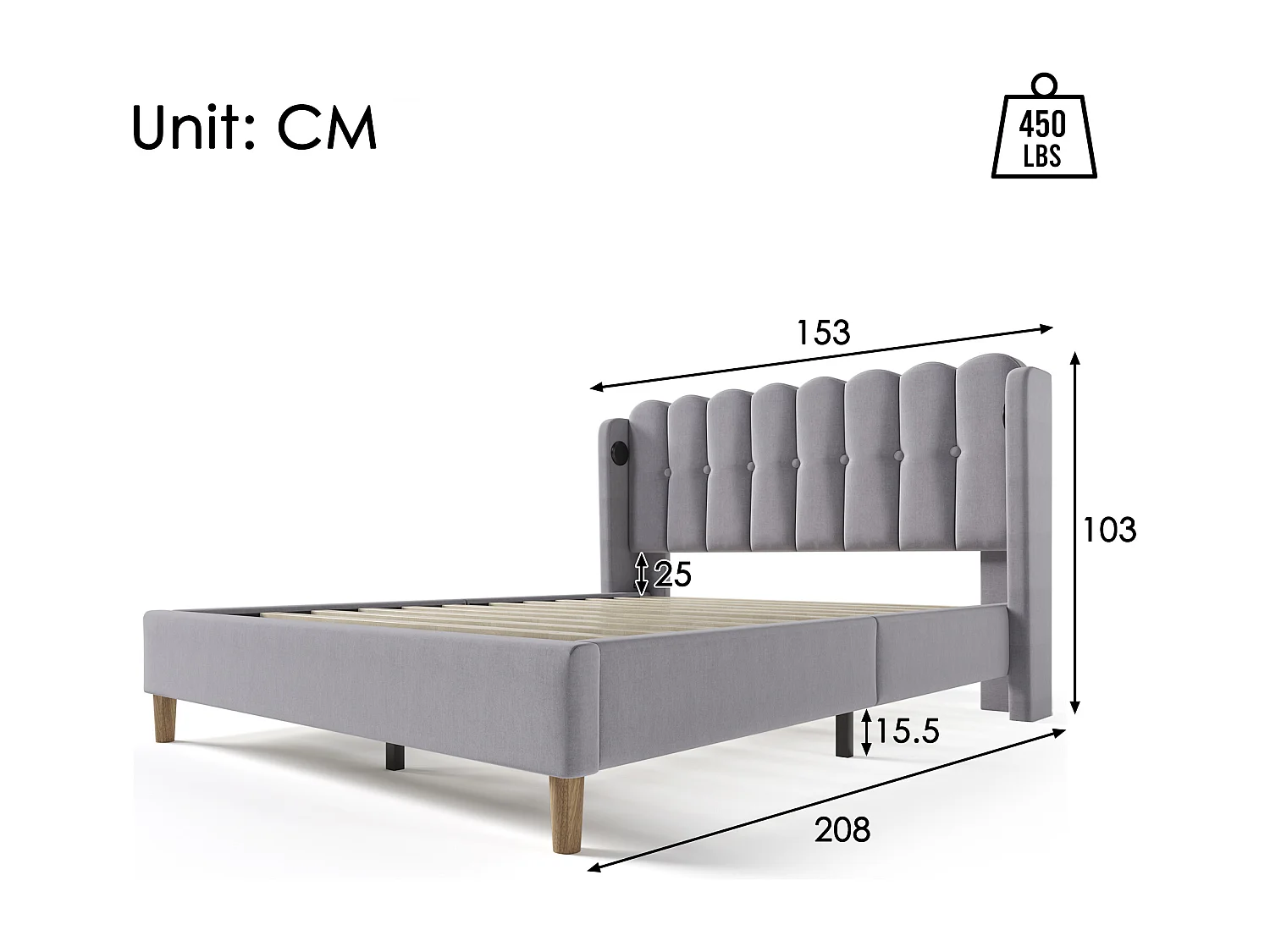 Lit rembourré double USB Type C avec sommier, 140×200, lin gris, cadre pour chambre ou invités (avec matelas)
