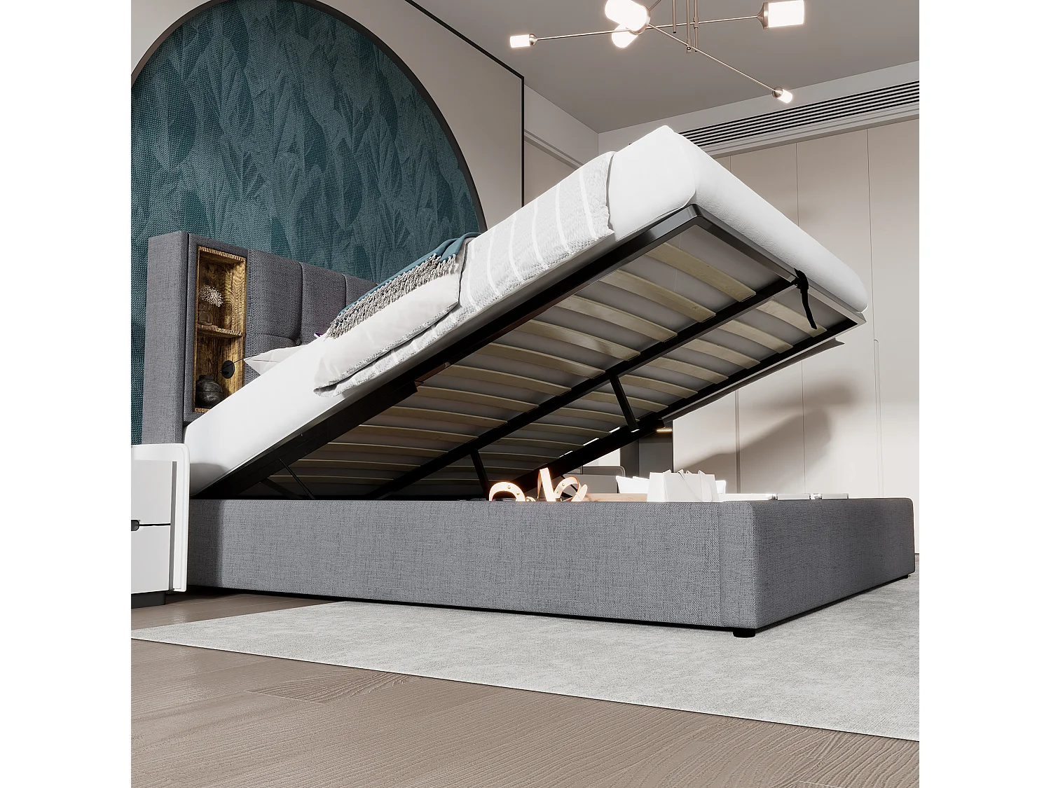 Gepolsterd Bed Double Met Charge Zonder Fil USB C, 160×200, Rangement, Houten Lattenbodem, Coton Gris (met Matelas)