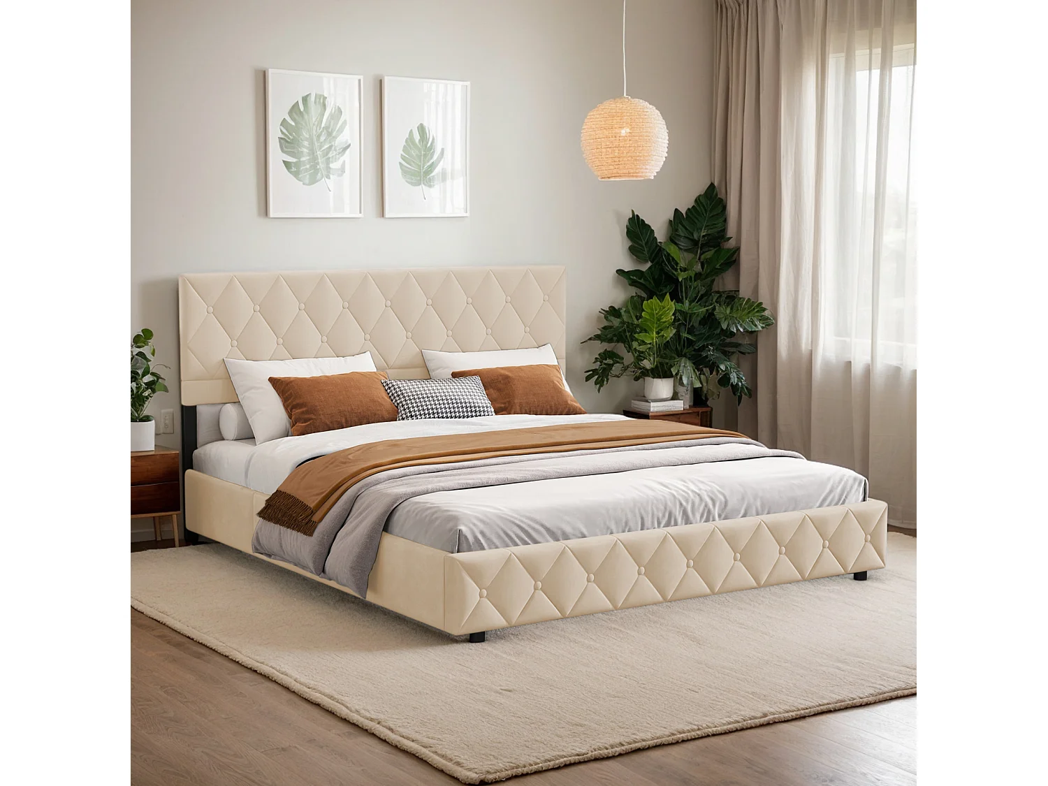 Lit soft 140x200 cm, lit rembourré, cadre en métal et MDF avec sommier à lattes, grand rangement, beige