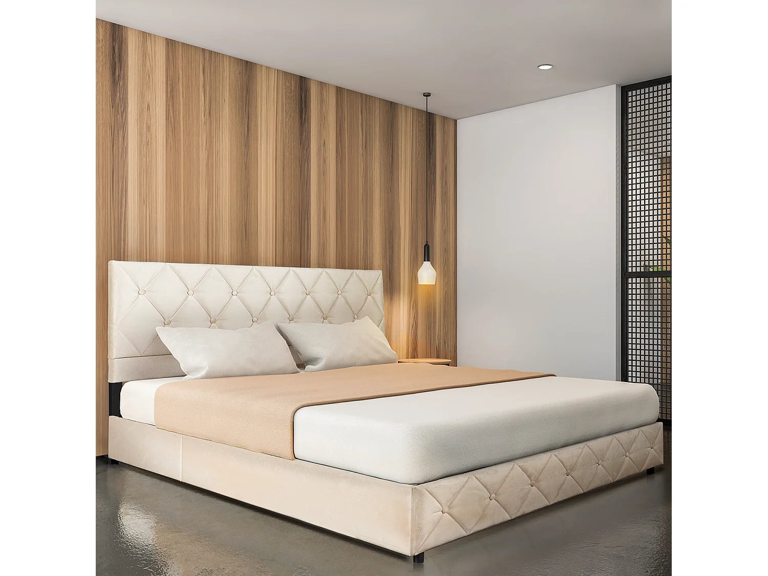 Lit soft 140x200 cm, lit rembourré, cadre en métal et MDF avec sommier à lattes, grand rangement, beige