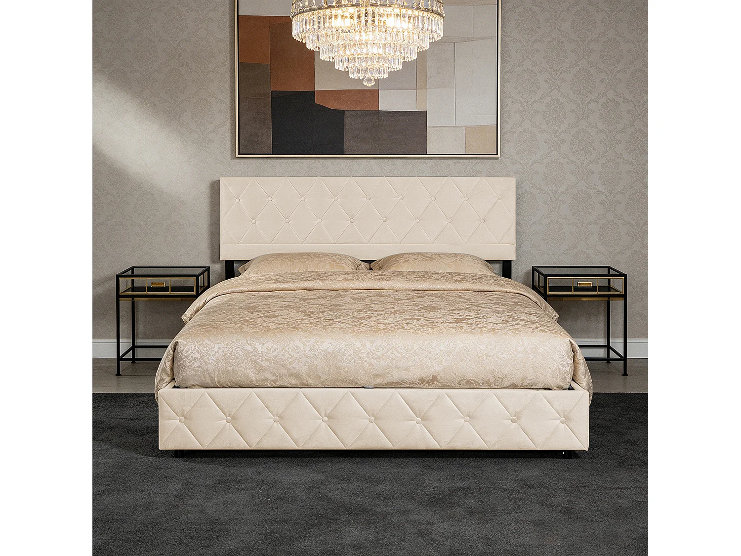 Lit soft 140x200 cm, lit rembourré, cadre en métal et MDF avec sommier à lattes, grand rangement, beige