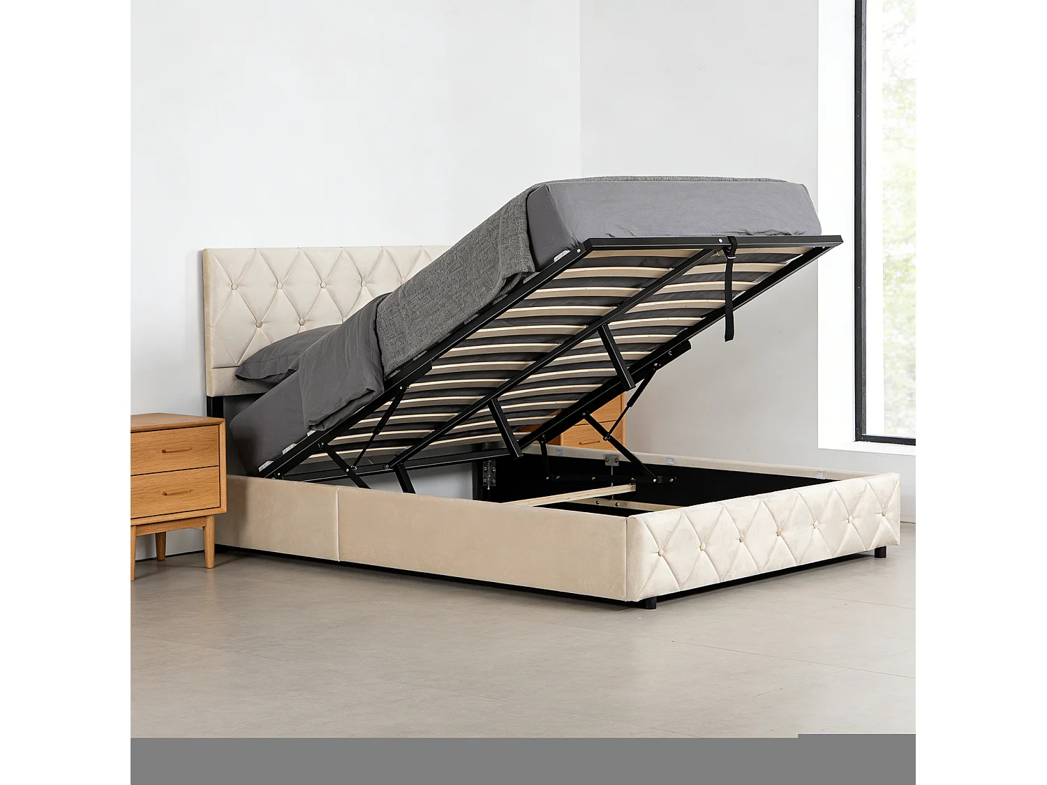 Lit soft 140x200 cm, lit rembourré, cadre en métal et MDF avec sommier à lattes, grand rangement, beige