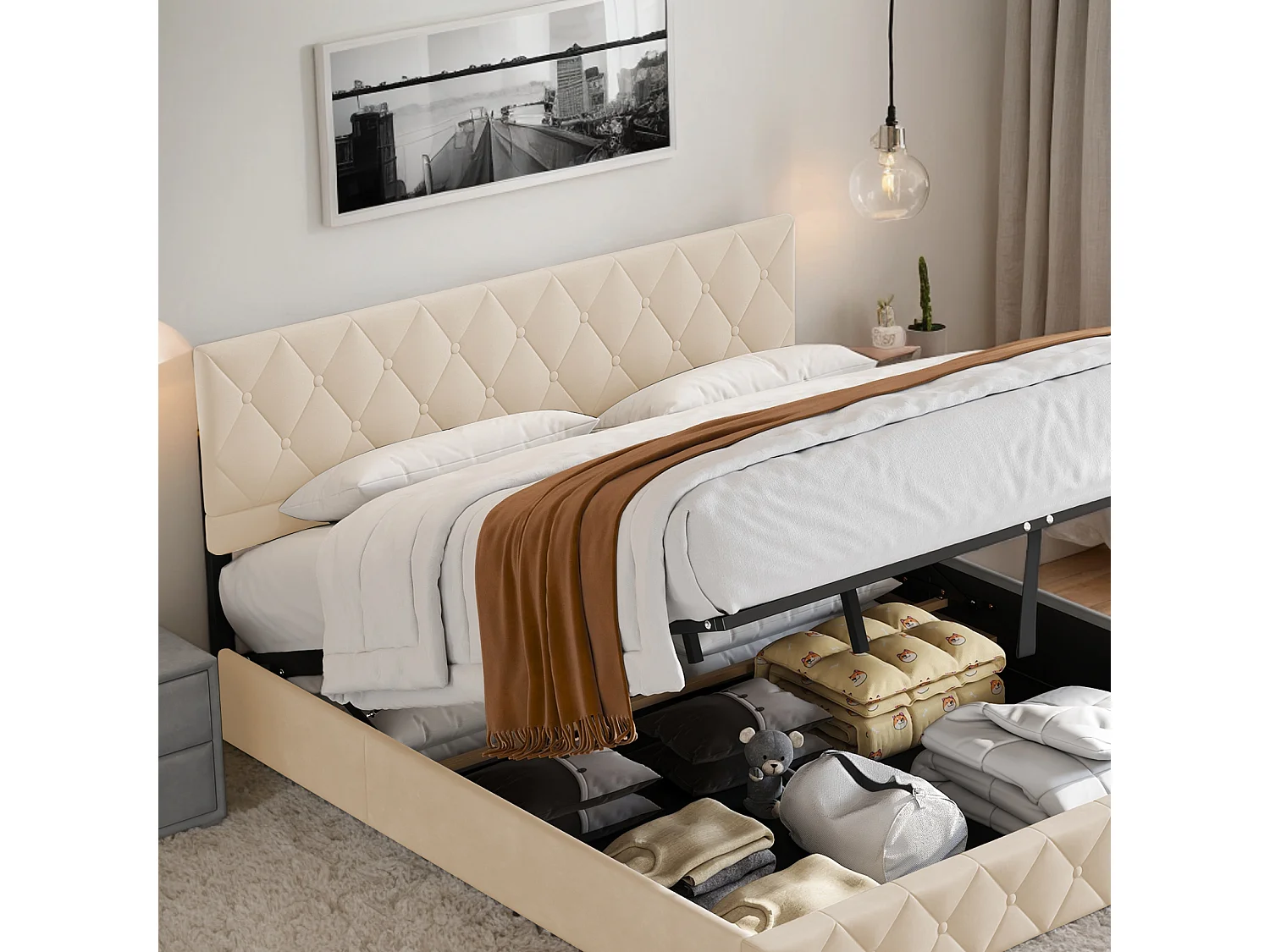 Lit soft 140x200 cm, lit rembourré, cadre en métal et MDF avec sommier à lattes, grand rangement, beige