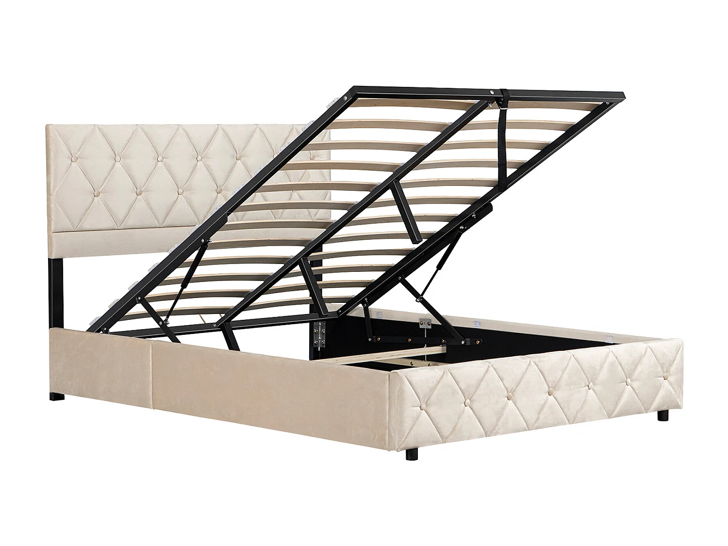 Lit soft 140x200 cm, lit rembourré, cadre en métal et MDF avec sommier à lattes, grand rangement, beige