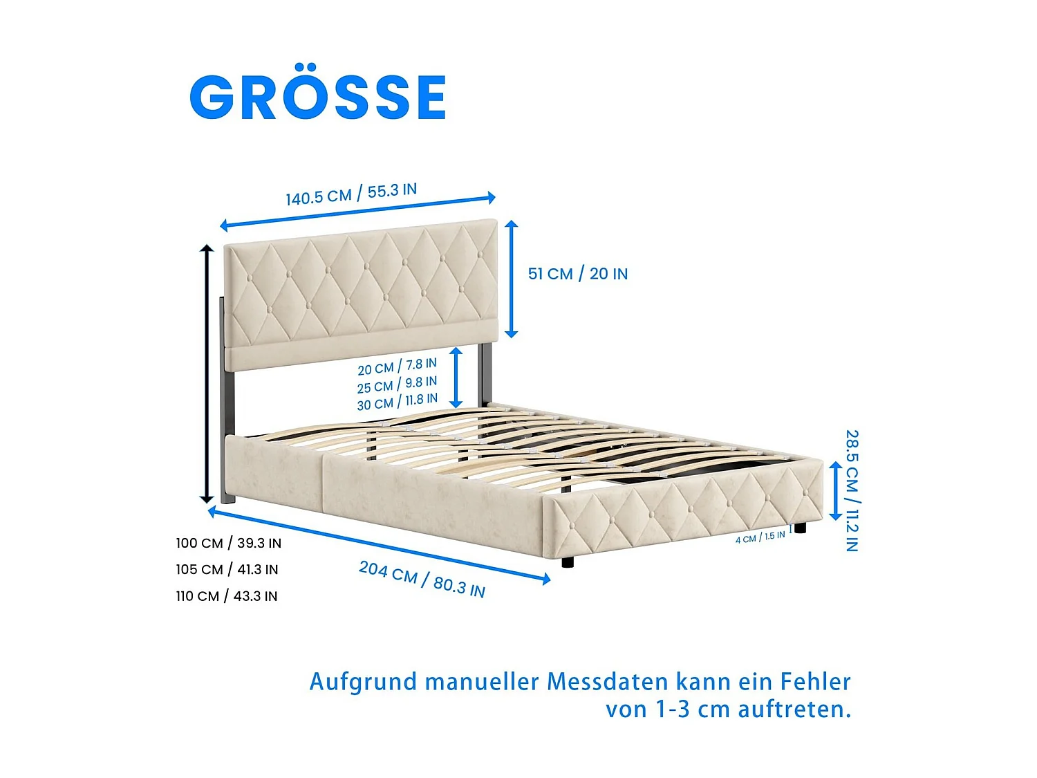 Lit soft 140x200 cm, lit rembourré, cadre en métal et MDF avec sommier à lattes, grand rangement, beige