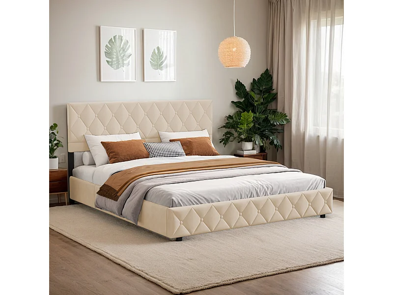 Lit soft 140x200 cm, lit rembourré, cadre en métal et MDF avec sommier à lattes, grand rangement, beige