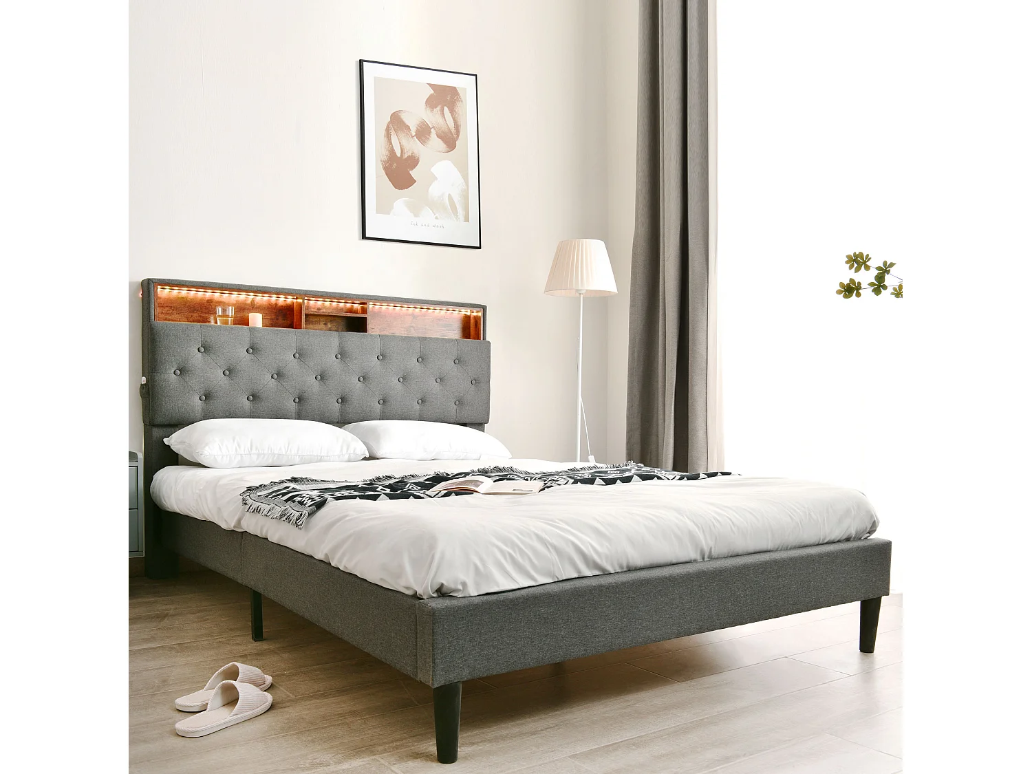 Lit rembourré double 140x200 cm, coffre et tête avec LED, cadre avec sommier en bois, gris, avec matelas