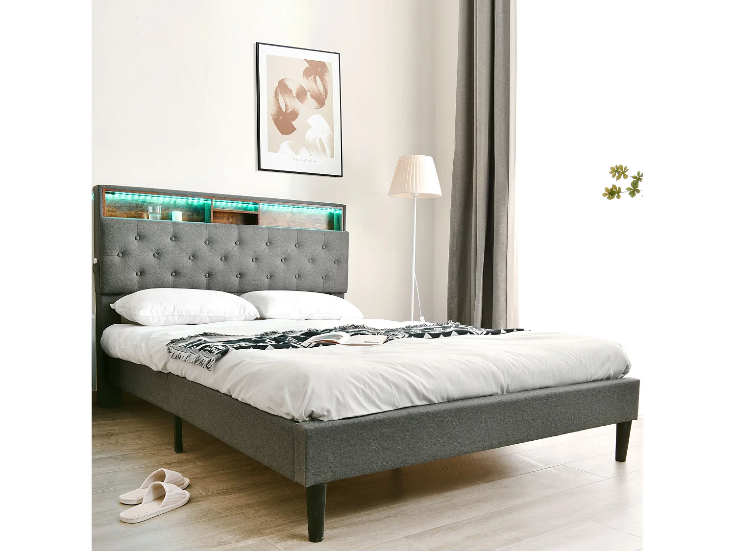 Lit rembourré double 140x200 cm, coffre et tête avec LED, cadre avec sommier en bois, gris, avec matelas