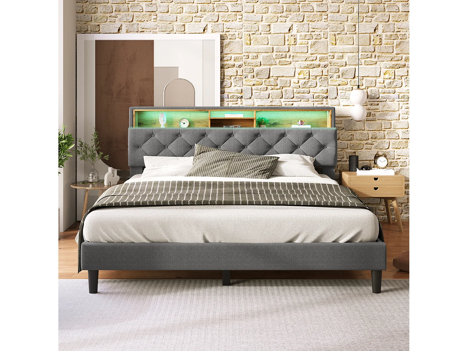 Lit rembourré double 140x200 cm, coffre et tête avec LED, cadre avec sommier en bois, gris, avec matelas