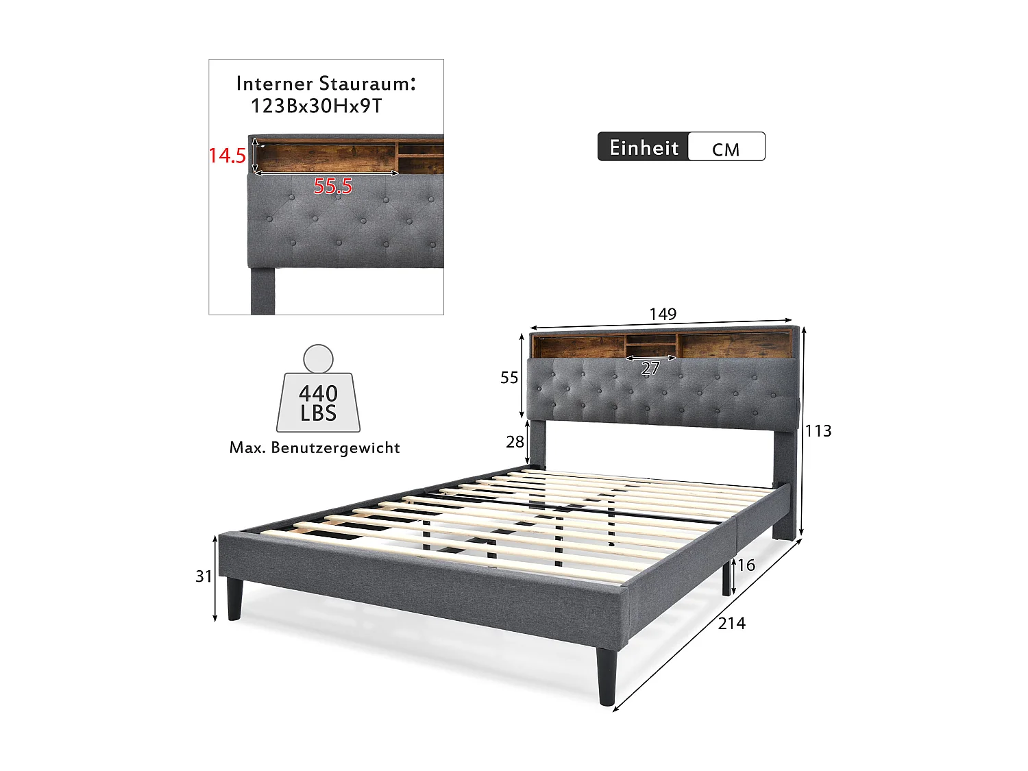Lit rembourré double 140x200 cm, coffre et tête avec LED, cadre avec sommier en bois, gris, avec matelas