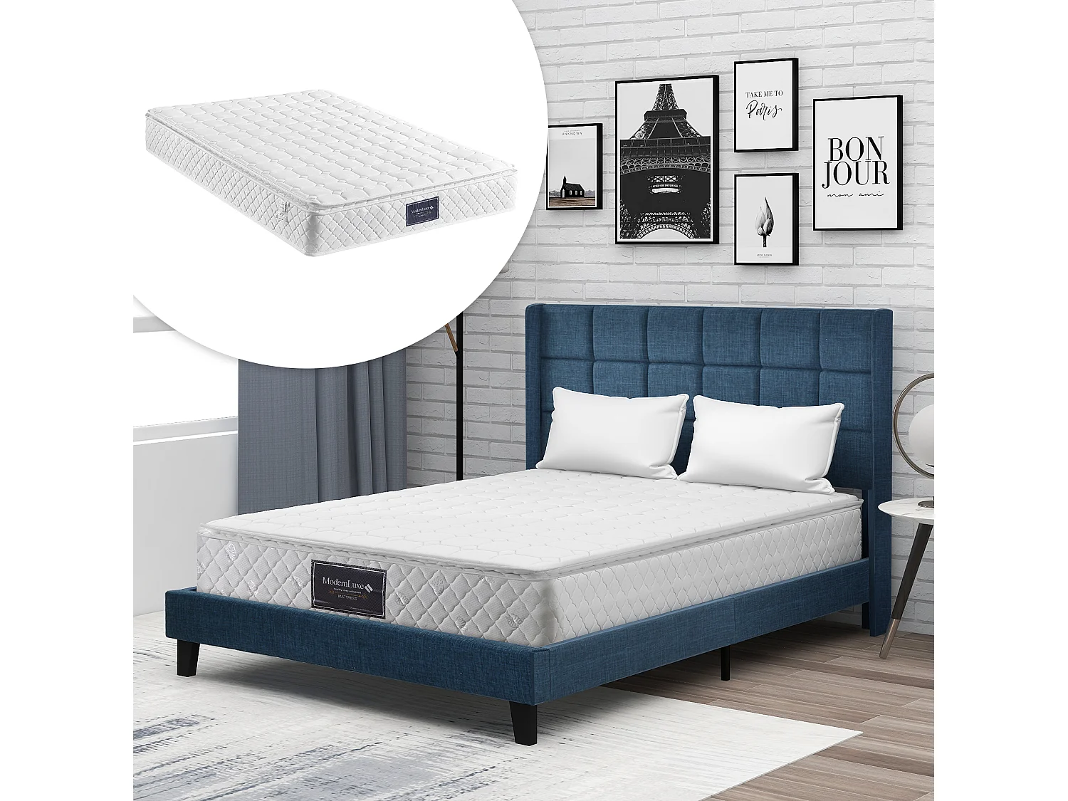 Lit rembourré double 140x200 cm, tête capitonnée, sommier inclus, lin bleu, matelas à ressorts, confort moyen