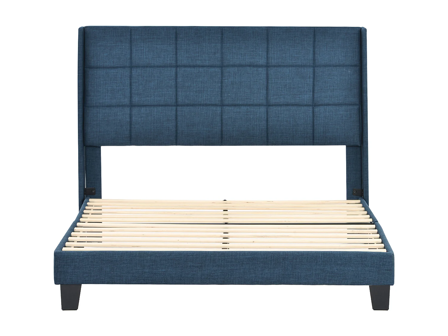 Lit rembourré double 140x200 cm, tête capitonnée, sommier inclus, lin bleu, matelas à ressorts, confort moyen