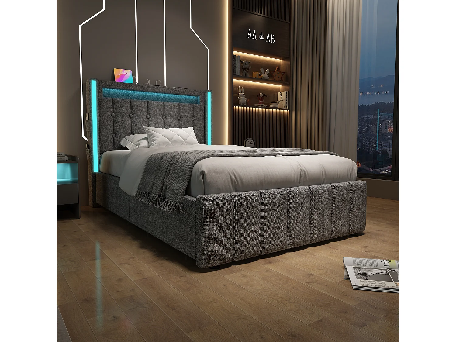 Eenpersoonsbed Gepolsterd 90x200 Cm Met Usb-poort-c, LED En 2 Lades, Tête Met Opbergruimte, Houten Lattenbodem, Stof Grijs, Met Matras