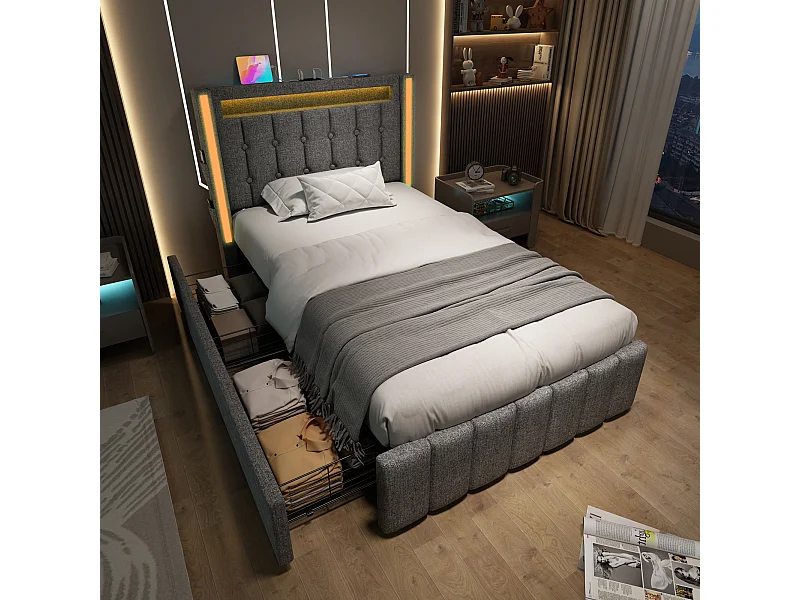 Eenpersoonsbed Gepolsterd 90x200 Cm Met Usb-poort-c, LED En 2 Lades, Tête Met Opbergruimte, Houten Lattenbodem, Stof Grijs, Met Matras