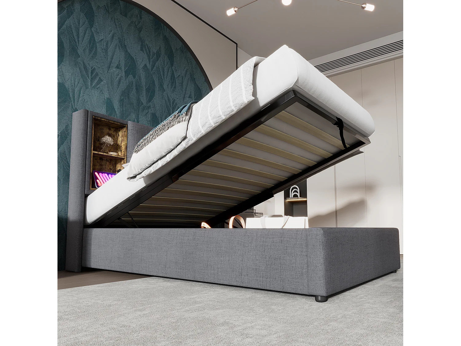 Gepolsterd Bed Simple Met Charge Zonder Fil USB C, 90×200, Rangement, Houten Lattenbodem, Coton Gris (met Matelas)