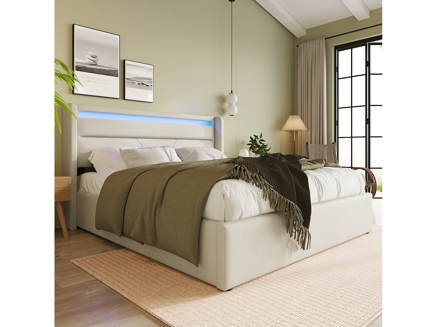 Hydraulisch Opbergbed Met Bande LED, Gepolsterd Tweepersoonsbed 160x200 Cm, Bed Functioneel En Similicuir Wit Met Matras