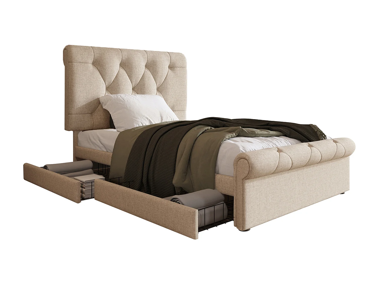 Lit rembourré simple 90x200 cm, 2 tiroirs, tête réglable, style Chesterfield, cadre lin naturel, avec matelas