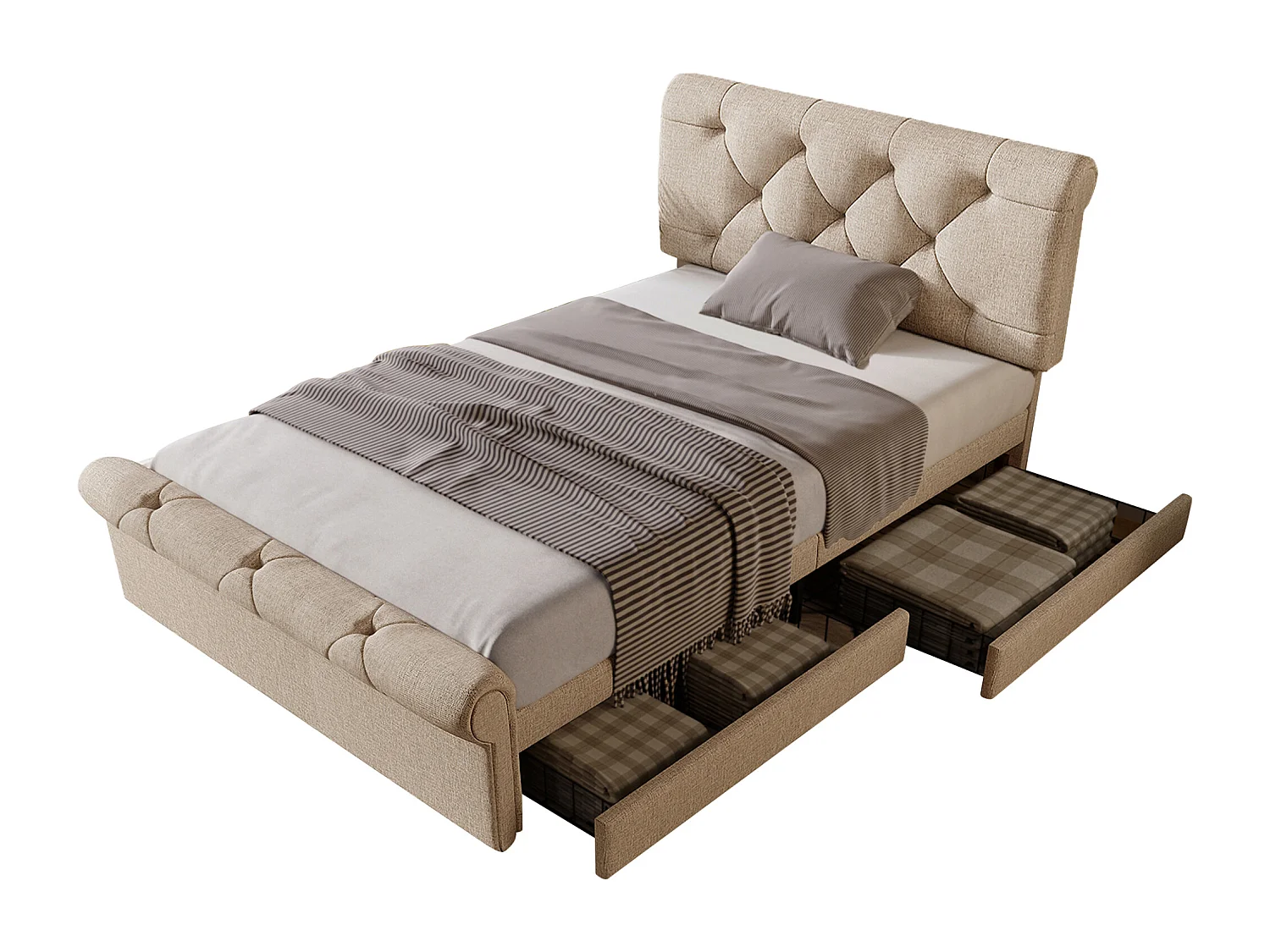 Lit rembourré simple 90x200 cm, 2 tiroirs, tête réglable, style Chesterfield, cadre lin naturel, avec matelas