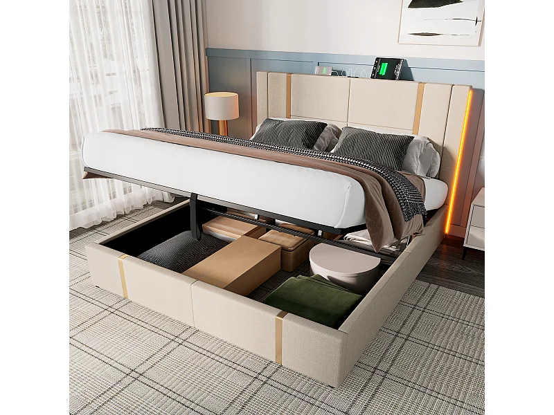 Lit rembourré double USB Type C avec charge, APP-Control, LED, 140×200, rangement, lin beige (avec matelas)