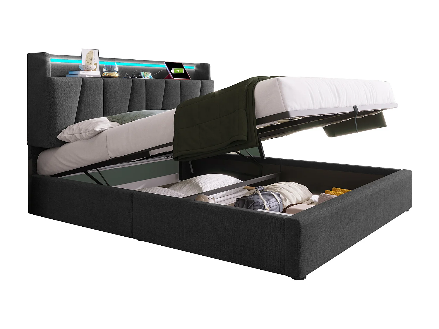 Lit double rembourré 160x200 cm avec tête rangement, USB et LED, 4 tiroirs, sommier bois, tissu gris, avec matelas