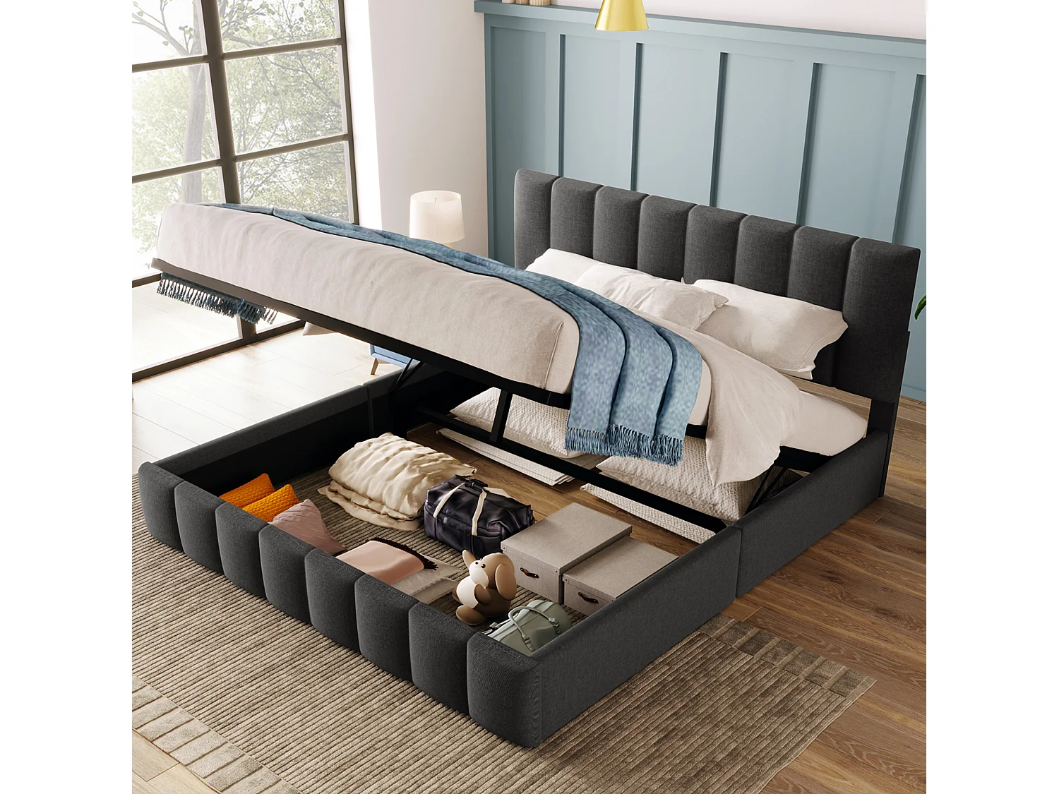 Lit rembourré hydraulique double 140x200 cm, tête réglable, cadre métal avec sommier, lin gris, rangement, avec matelas