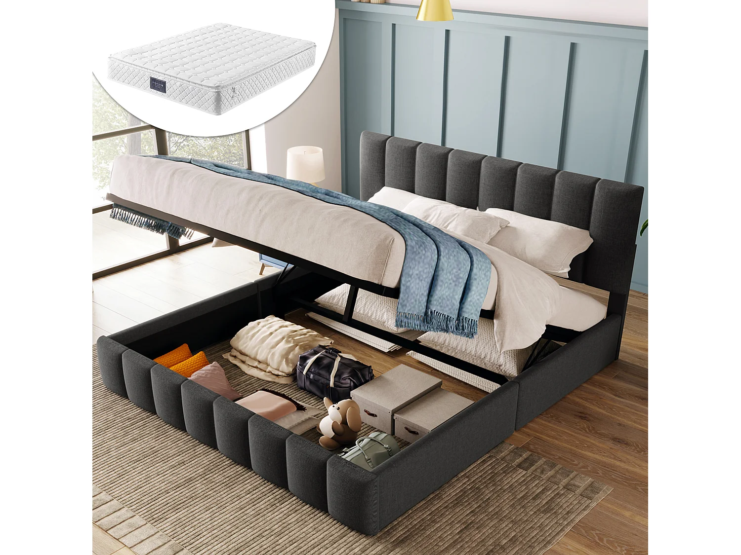 Lit rembourré hydraulique double 140x200 cm, tête réglable, cadre métal avec sommier, lin gris, rangement, avec matelas