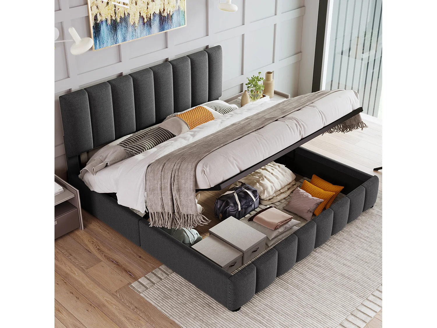 Lit rembourré hydraulique double 140x200 cm, tête réglable, cadre métal avec sommier, lin gris, rangement, avec matelas