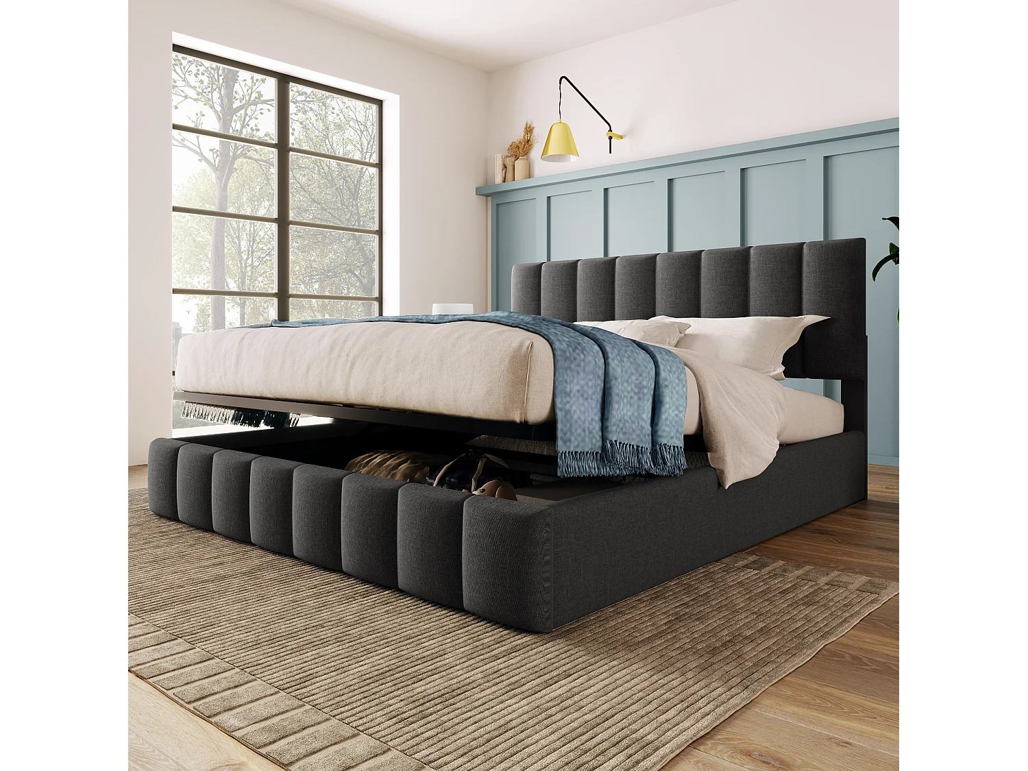 Lit rembourré hydraulique double 140x200 cm, tête réglable, cadre métal avec sommier, lin gris, rangement, avec matelas