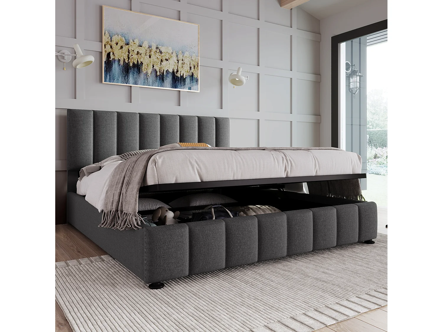 Lit rembourré hydraulique double 140x200 cm, tête réglable, cadre métal avec sommier, lin gris, rangement, avec matelas