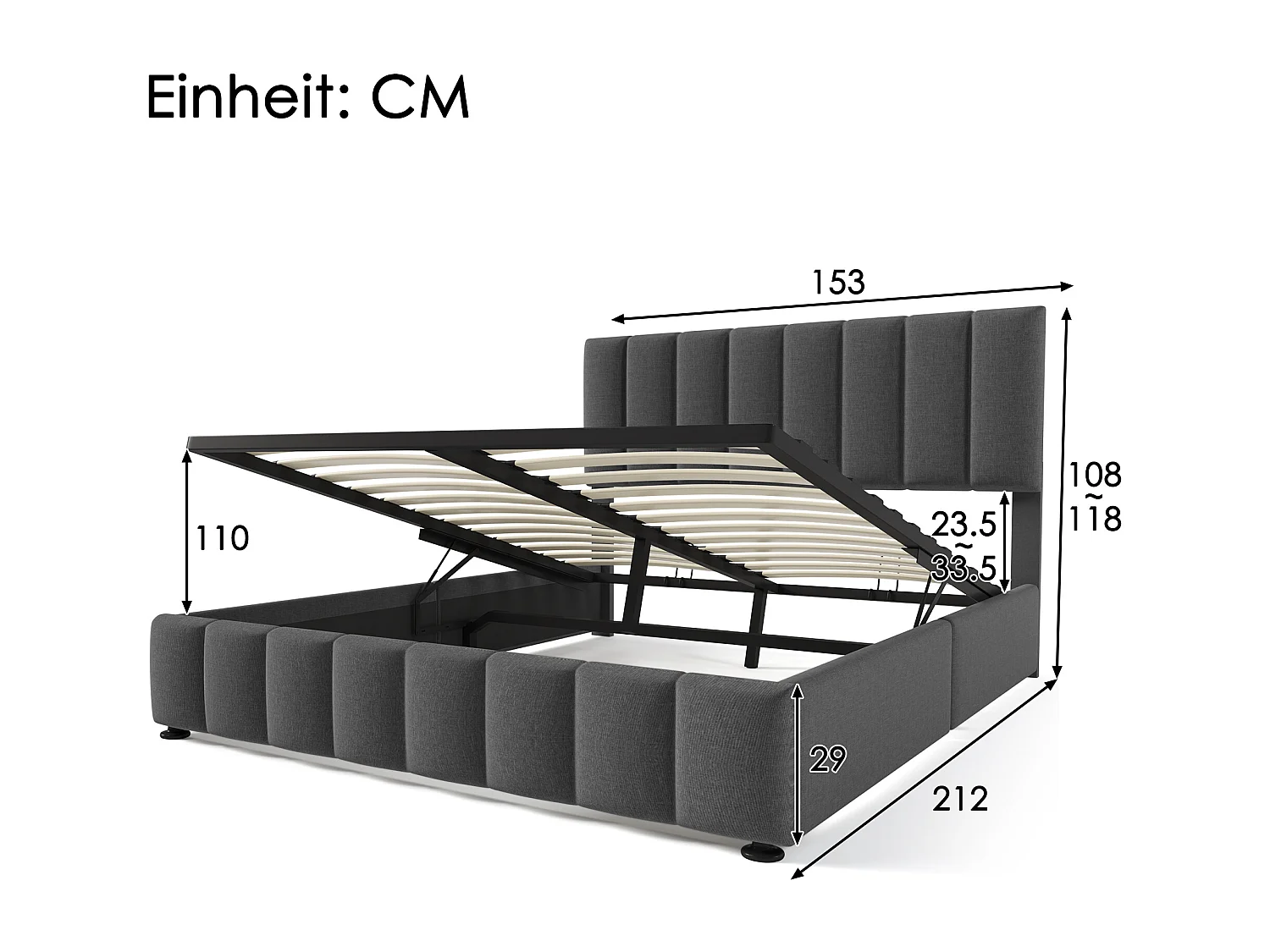 Lit rembourré hydraulique double 140x200 cm, tête réglable, cadre métal avec sommier, lin gris, rangement, avec matelas
