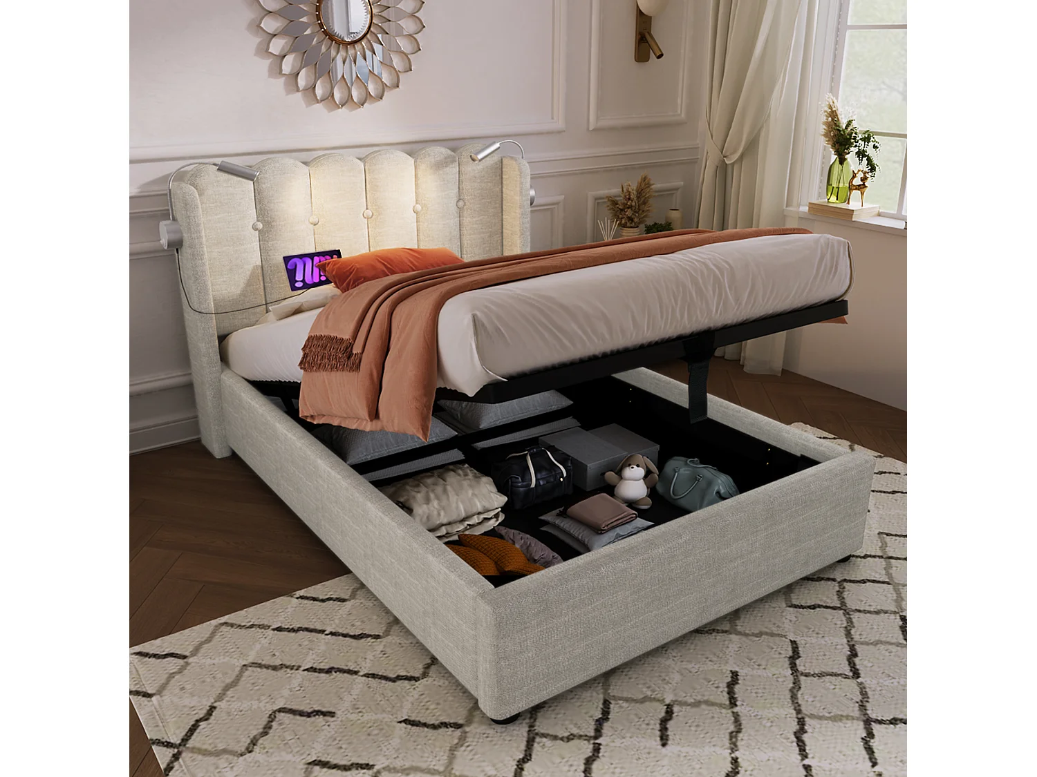 Eenpersoonsbed Gepolsterd 90x200 Cm Met Lampe Van Lecture En Usb-poort, Hoofdeinde Met Opbergruimte, Stof Linnen Naturel Met Matras