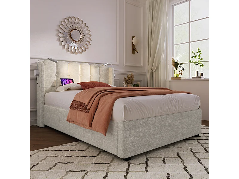 Eenpersoonsbed Gepolsterd 90x200 Cm Met Lampe Van Lecture En Usb-poort, Hoofdeinde Met Opbergruimte, Stof Linnen Naturel Met Matras