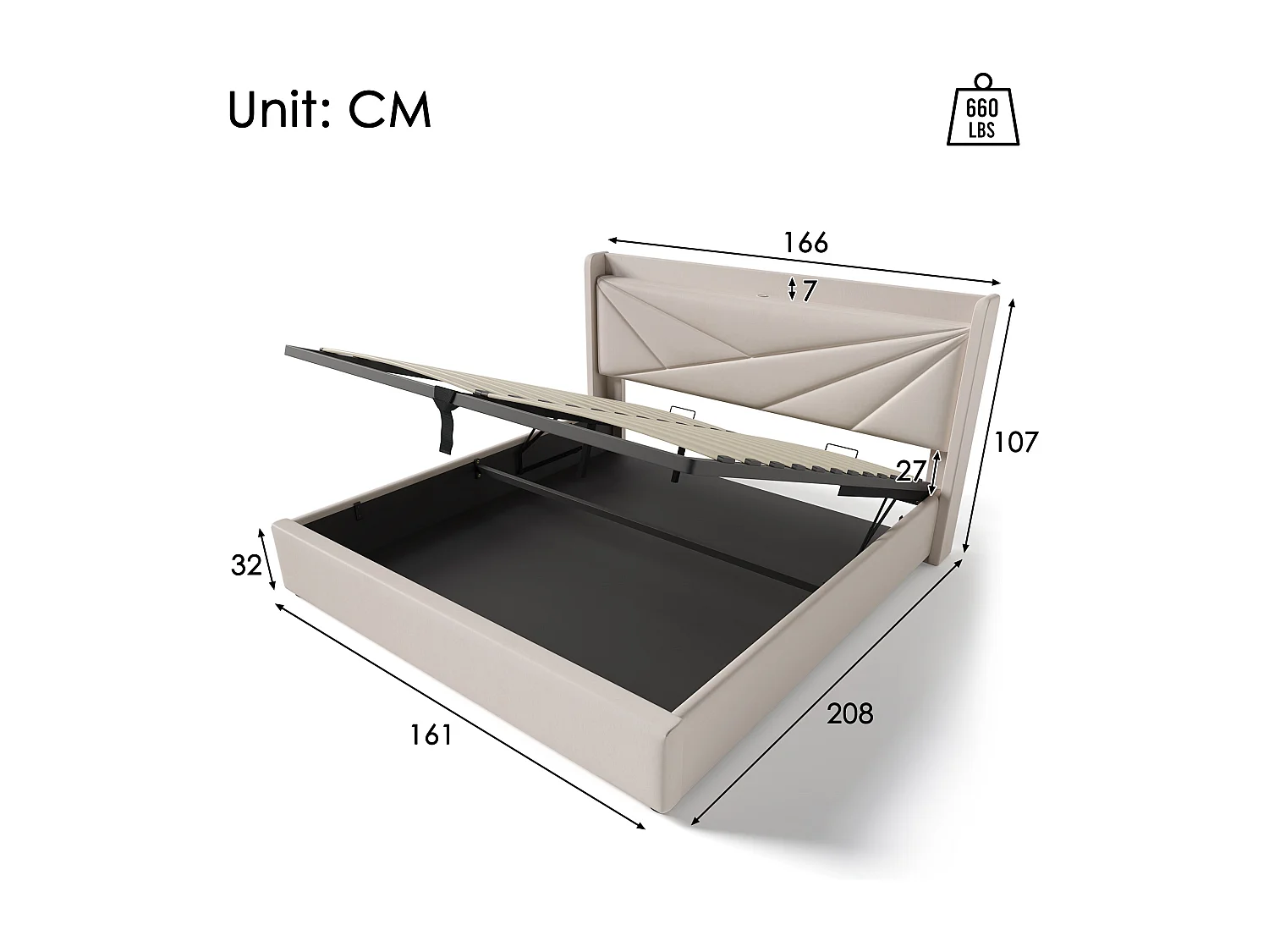 Gepolsterd Bed Tweepersoons Met Opbergruimte 160x200 Cm, Opbergruimte, Hoofdeinde Met USB Type-c, Cadre En Linnen, Met Lattenbodem En Matras