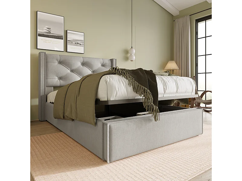 Hydraulisch Gepolsterd Bed Eenpersoons 90x200 Cm, Metaalframe Met Lattenbodem, Opbergruimte, Katoen Licht Grijs, Met Matras