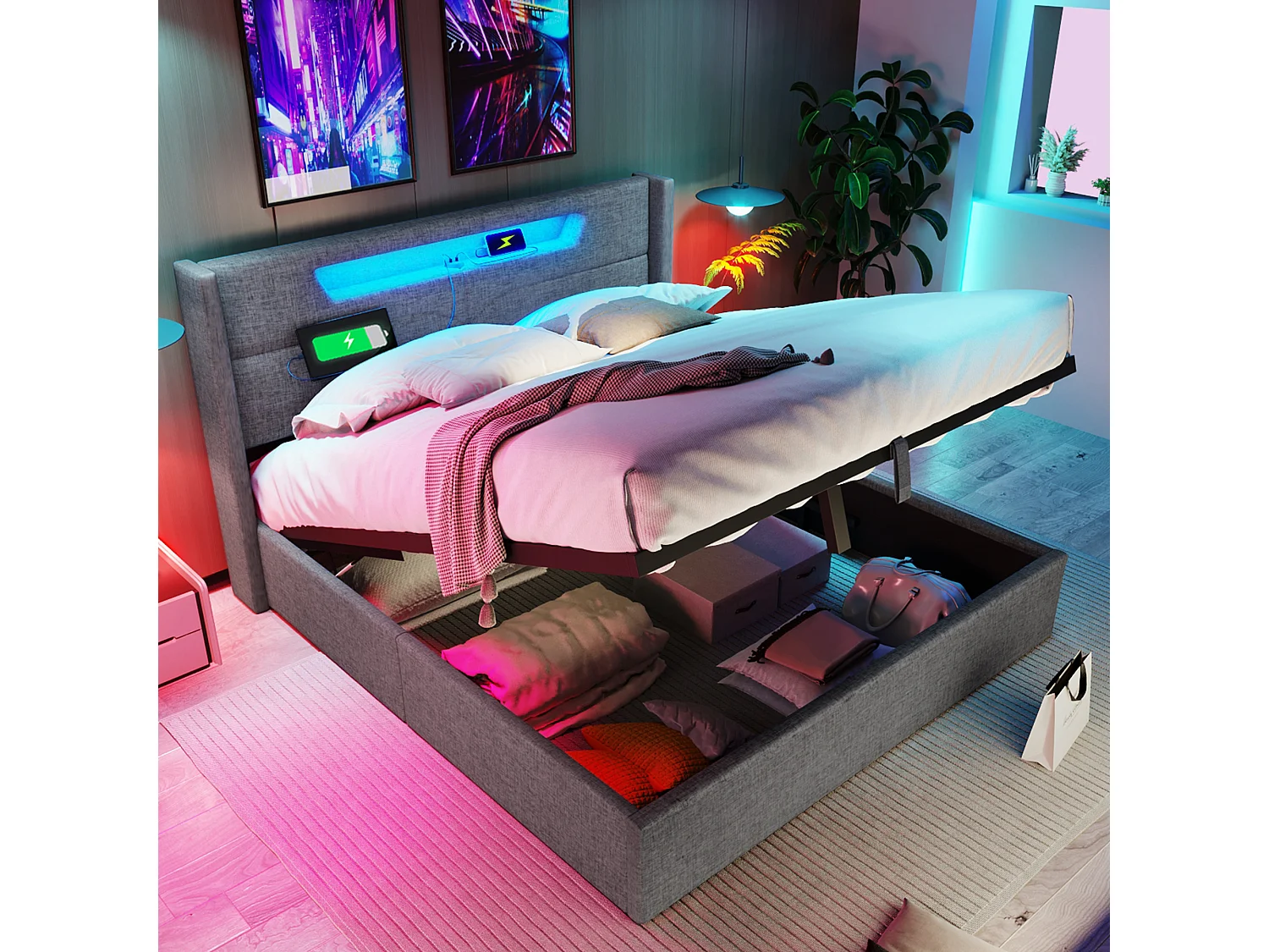 Lit rembourré LED 160x200 cm, lit double avec port USB-C, tête de lit éclairée, tissu lin et rangement intégré, matelas inclus