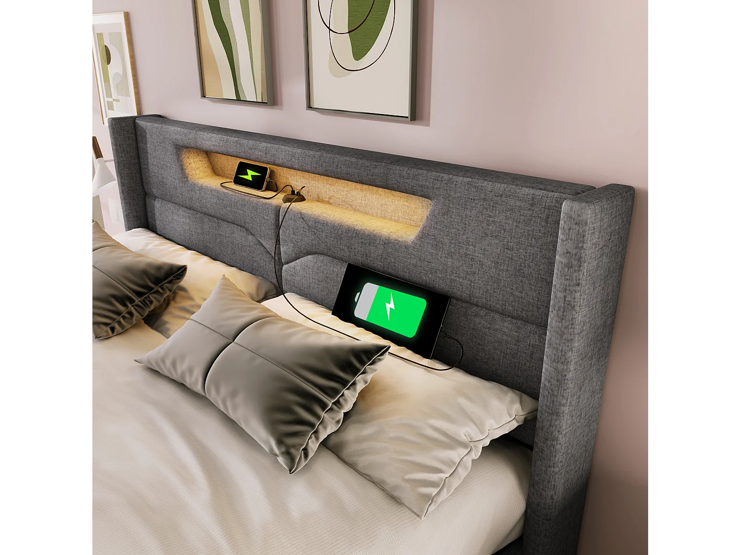 Lit rembourré LED 160x200 cm, lit double avec port USB-C, tête de lit éclairée, tissu lin et rangement intégré, matelas inclus