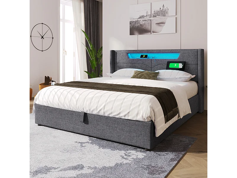 Lit rembourré LED 160x200 cm, lit double avec port USB-C, tête de lit éclairée, tissu lin et rangement intégré, matelas inclus