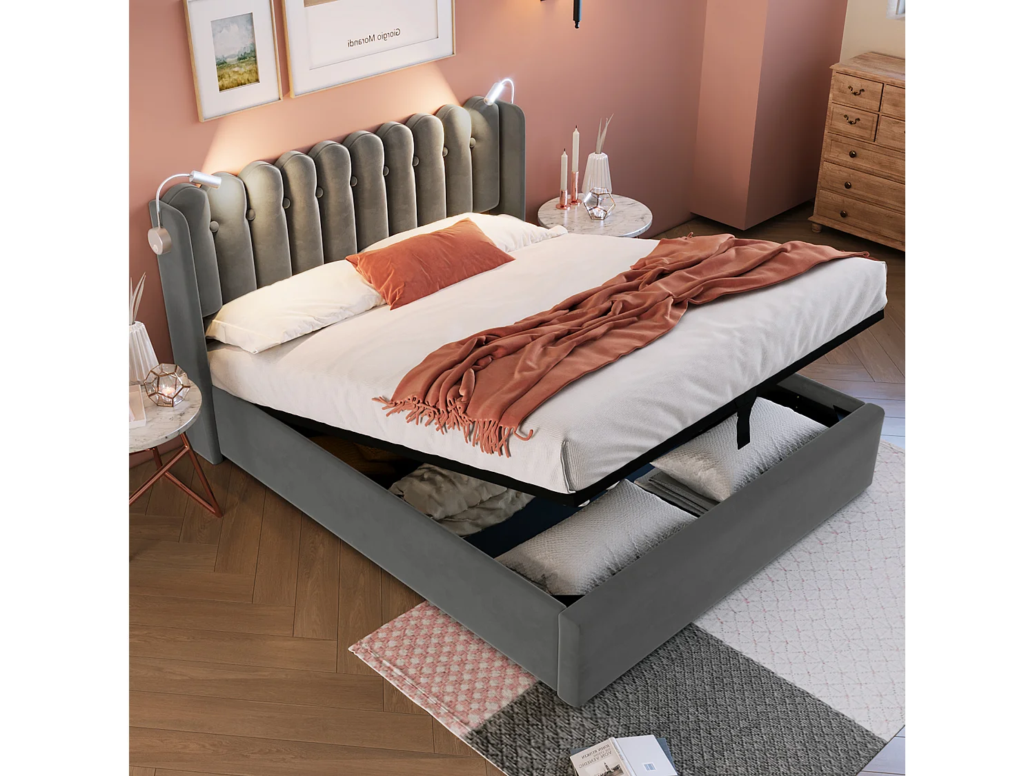 Lit rembourré double 160x200 cm avec lampe de lecture, port USB et tête de lit à rangement, velours gris, avec matelas