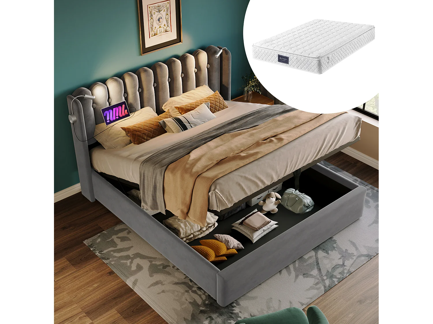 Lit rembourré double 160x200 cm avec lampe de lecture, port USB et tête de lit à rangement, velours gris, avec matelas